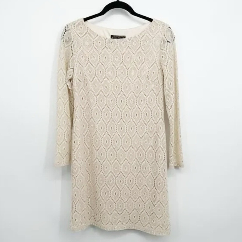 Boho Crochet Lace Dress Cream Diamond Motif 3/4 Sleeve 10P Hippie Mod - Picture 3 of 10